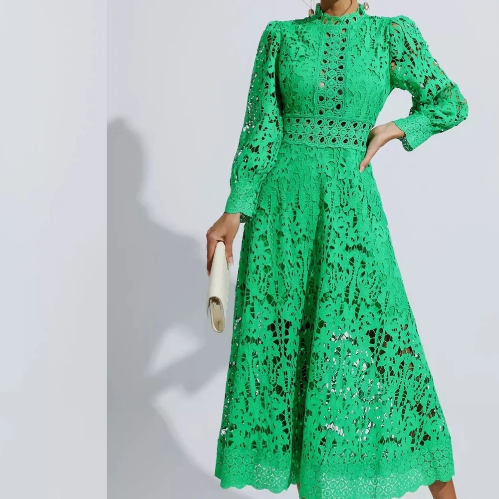 Catchall Green Lace Midi Dress Emerald High Neck Long Sleeve S NWT